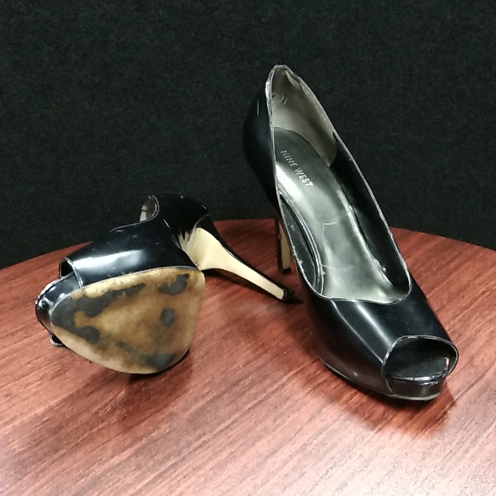 Nine West Liatris Black Patent Leather Open Toe Hidden Platform Pumps - Size 12M